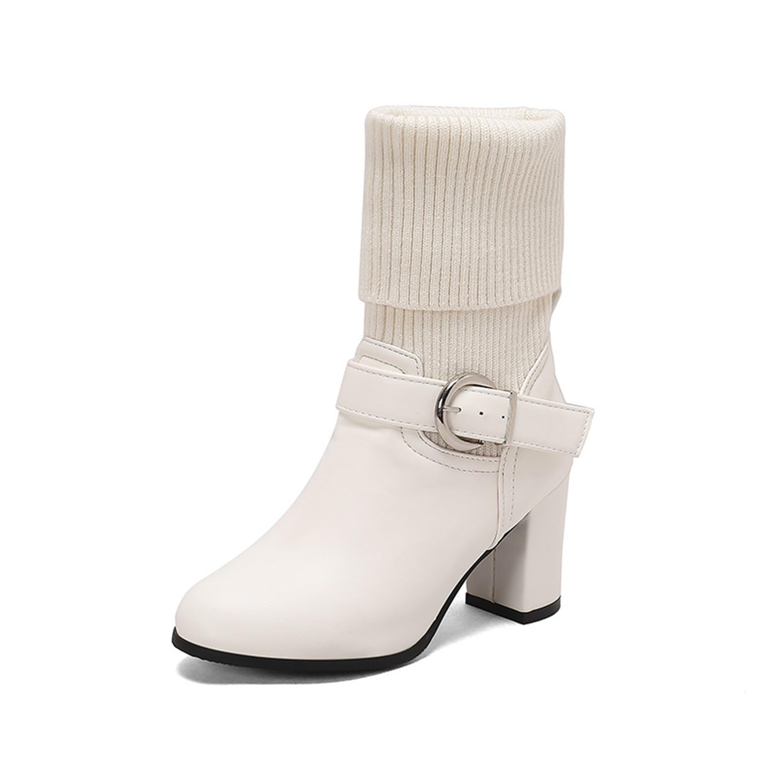 Womens Leather Knitted Block Heel High Heel Ankle Boots Closed Pointed Decorative Buckle Warm Socks One-Foot Short Boots