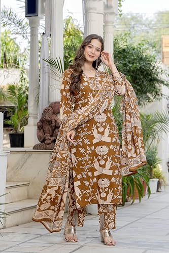 Image of PARTHVI Women's Cotton Printed Kurta Set with Pants & Dupatta | Elegant Ethnic Wear for Women | Floral Print | Comfortable Suit Set