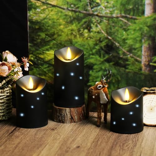 Image of kakoya Outdoor Waterproof Flickering Flameless Candles with Embedded Star String,3Pcs LED Pillar Candles Battery Operated with Remote and Timers for Courtyard,Porch,Camping,Holiday Decoration(Black)
