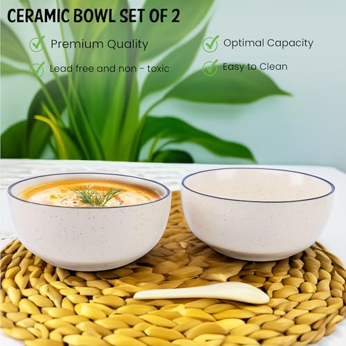 Image of Niyara Ceramic Printed Bowl Set of 2 | Premium Serving Bowls for Snacks, Soup & Desserts | Microwave & Dishwasher Safe (White with Black Border)