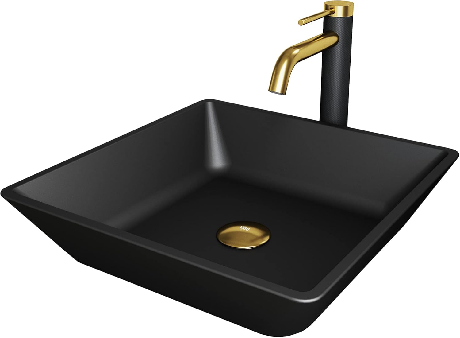 VIGO 16" L -16" W -10" H Roma Matte Shell Square Vessel Sink Set in Black with Faucet and Drain -VGT2016