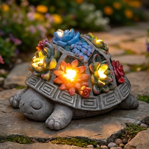Snclriao Solar Turtle Garden Outdoor Decor with Succulent & 7 LED Lights Outside Tortoise Statue Decor for Yard Patio Balcony & Backyard - Home House Decoration Art - Gift for Men Dad Women Mom