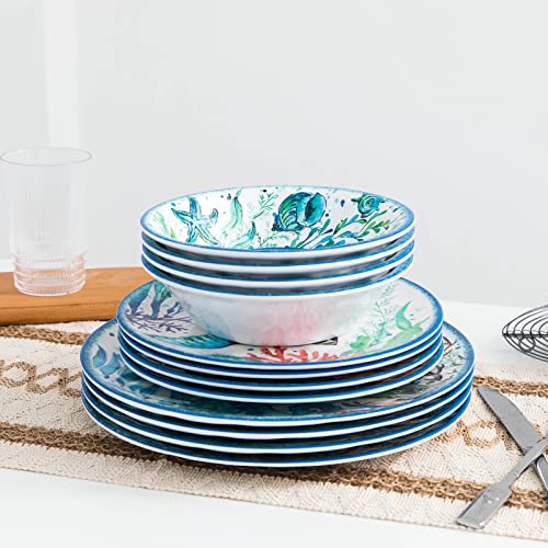 Lehaha 12-Piece Melamine Beach Dinnerware Set, Coastal Plates And Bowls Sets, Oceanic Sea Life Dish Sets For 4, Great For Indoor Outdoor Dining On The Beach, Rv, Camping Or Cabin #TOP5