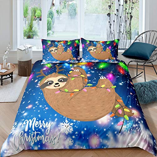 Cartoon Sloth Bedding Set Christmas Duvet Cover Set for Kids Boys Girls Cute Sloth Snowflake Xmas Decor Comforter Cover Polka Dot Quilt Cover Bedroom Collection 3Pcs King Size