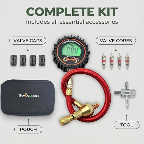 Image of SUVCARMPING 250 PSI Digital Tire Pressure Gauge, Heavy Duty Air Pressure Gauge (±1% Accurate) with LED Backlit LCD Screen, Integrated Bleeder Valve and 4-Way Valve Tool for Heavy Trucks RVs Cars, Red