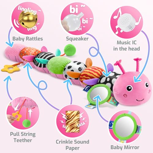 Image of Sumobaby Baby Toys 0-6 6-12 Months,Music Caterpillar Plush Toy with Baby Mirror, Pull String&Crinkle Rattle,Infant Sensory Toys,Tummy Time for 0-3-6-12 Month Boys Girls Newborn Gifts (Pink-Leaf)