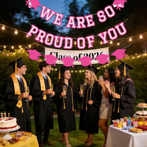 Image of We Are So Proud Of You Banner Graduation Party Decorations Congrats Grad Cap Garlands Wall Sign Hotpink