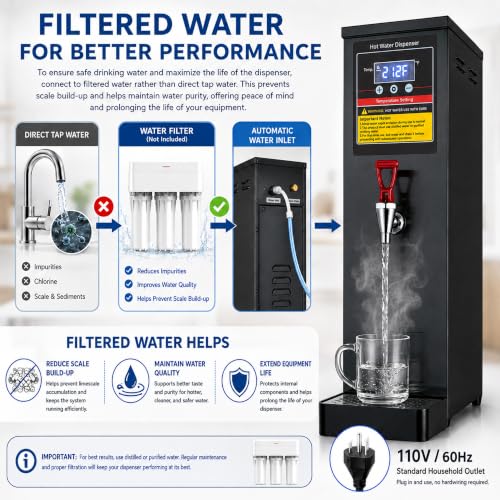Commercial Hot Water Dispenser 30L(8GAL)/H Countertop Water Boiler, 1600W Step Heating Hot Water Machine with 86-212°F Temp Control, Auto Refill for Coffee Tea Shop Office Restaurant, Black - image 5