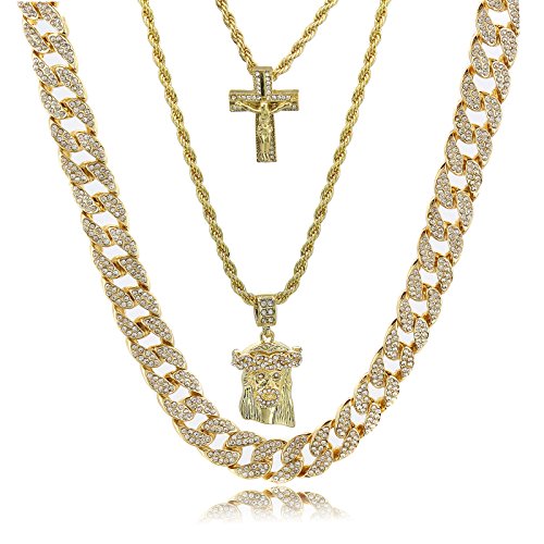 Chaîne cubaine dorée 15mm en laiton avec zircone cubique et deux colliers croix