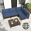 Grand patio 5-Piece Wicker Patio Furniture Set, Retro Outdoor Sectional Sofa with Water Resistant Blue Thick Cushions Coffee Table, Brown