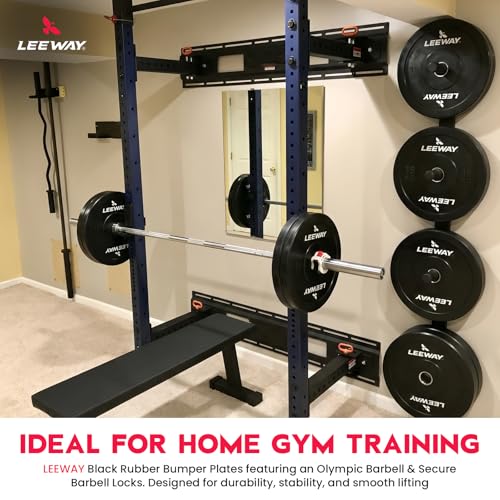 Image of Leeway Olympic Barbell with Bumper Weight Plates | 30 Kg Rubber Weight Plate Set and 7.2 Ft Chrome Gym Bar | Olympic Weightlifting Gym Plates for Home and Commercial (30kg Set (5X2+10X2))