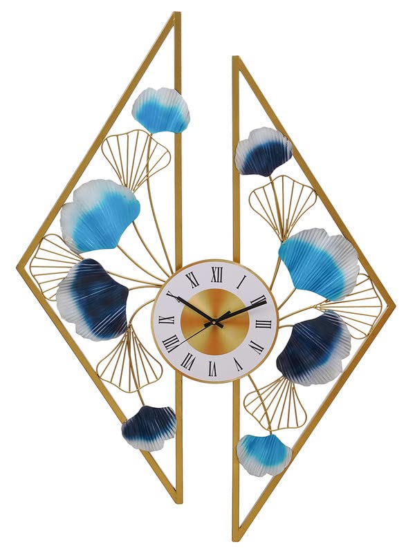Image of CHRONIKLE Stylish Wall Art Floral Design Vertical Analog Metal Roman Numbers Wall Clock for Living Room Home Decor Office Gifts (Size: 68 x 1 x 97 CM | Weight: 2230 Gram | Color: Golden & Blue)