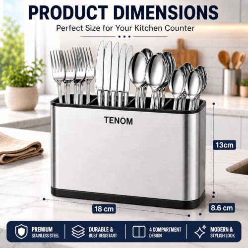 Image of Tenom Spoon Holder for Kitchen Countertop | Stainless Steel Spoon Stand & Cutlery Stand with Drain Tray | Rustproof Heavy Duty Utensil Organizer (Silver)