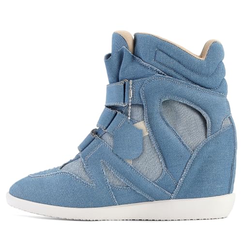 Image of Wedge Sneakers for Women Heels Suede Hook and Loop High Heel Tennis Round Toe Triple Strappy Band Casual Vintage Fashion Dressy Comfy Campus Trendy Retro Sneaker