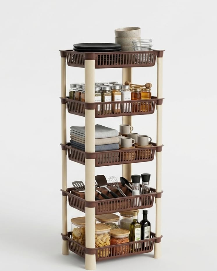 Image of U-Max Multi Tire Kitchen Storage Rack, Plastic Utility Shelf Organiser, Space Saving Storage Solution, Revolving Vegetable Rack (Brown-Regular, 5)