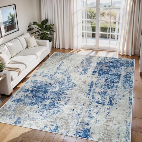 6x9 Area Rugs for Living Room Rug Washable: Abstract Rug for Dining Room Bedroom Carpet Non Slip 6 by 9 Indoor Modern Nursery Home Office Blue Grey White