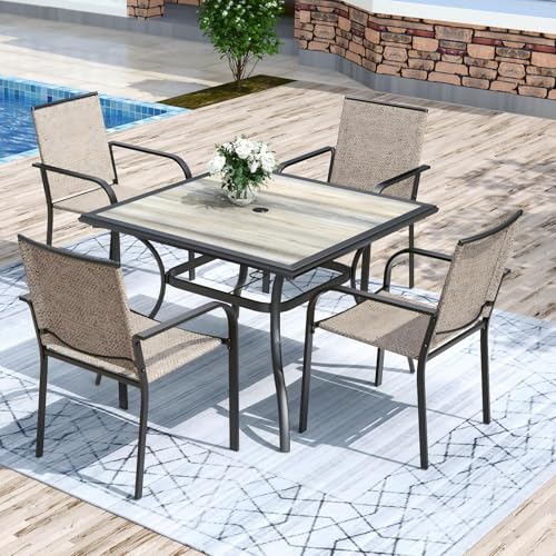 Image of Anmutig 5-Piece Outdoor Patio Dining Set 37 Inch Square Wooden-Like PVC Table with 4 Stackable Chairs for Garden Backyard White