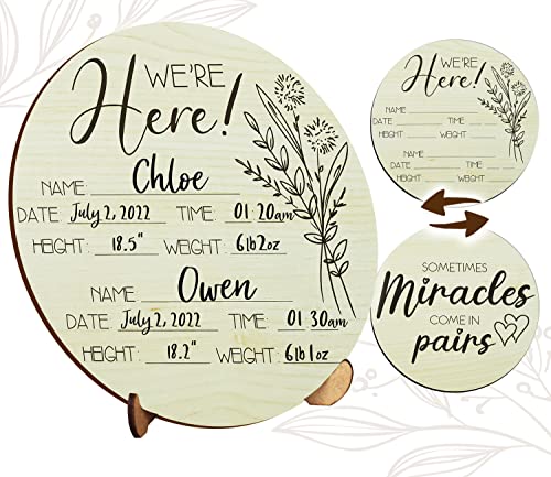 Image of Wooden Twins Announcement Sign for Hospital and Pregnancy Announcements, 6.5” Reversible Newborn Welcome Baby Sign for Twin Babies