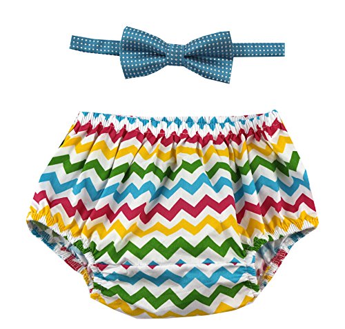 Gentlemen Ties Cake Smash Outfit Boy First Birthday Includes Bloomers and Bow Tie (Multicolor Chevron Bloomer and Blue Bow)
