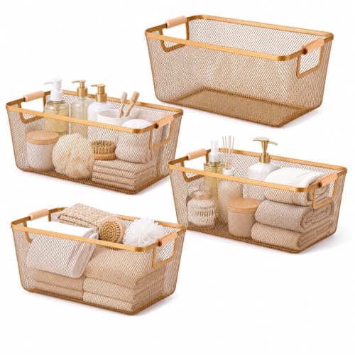 Gold 4 Pcs Large Metal Wire Basket with Wooden Handles | Mesh Steel Storage Organizer, Bin Bathroom Containers, Home Closet Basket, Makeup Basket, Living Room Laundry Table Gifts