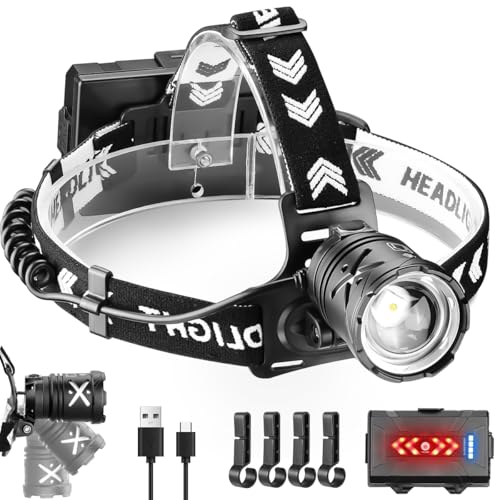 LeKaufen Stirnlampe LED Wiederaufladbar, Stirnlampe Rotlicht 15000 Lumen mit 4 Modi, Wasserdicht Kopflampe, Einstellbarer Fokus mit Rücklicht,...