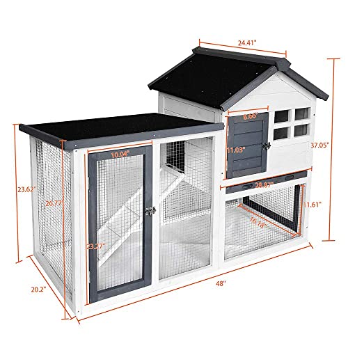 48''L Rabbit Hutch Indoor Outdoor Bunny Cage Rabbit Hutch Wood House Pet Cage for Small Animals (Grey/White) - Thumbnail 2
