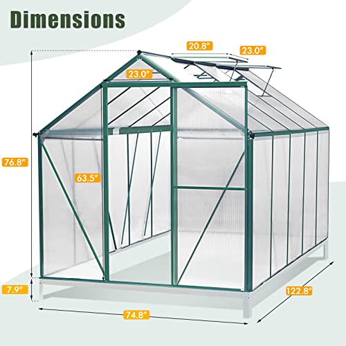 Sellerwe 6' X 10' Walk-In Polycarbonate Greenhouse With Sliding Door, 2 Vent Window, Rain Gutter, Base And Anchor, Aluminum Heavy Duty Hot House Kit For Outdoors In Winter Or Any Season #TOP5