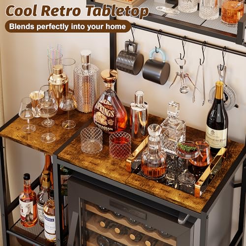 Image of Over Mini Fridge Storage Shelf Fridge Stand for Dorm with 5 Lockable Hooks | Kitchen Bakers Rack, Coffee Bar, Microwave Oven Stand, Wine Cabinet, Refrigerator Stand for Apartment, Living Room, Office