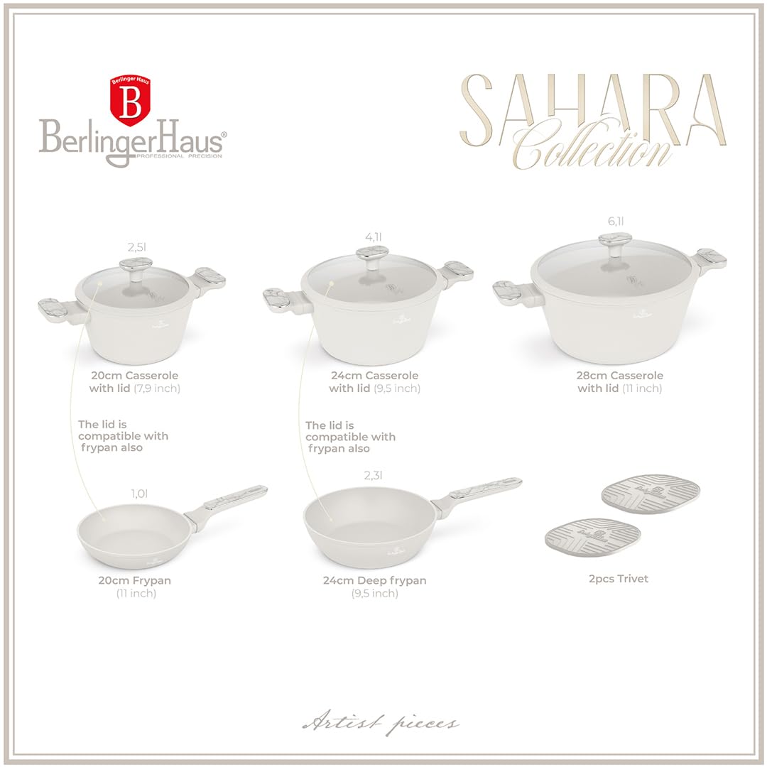 Berlinger Haus 10-teiliges Titanbeschichtetes Kochgeschirr Set Sahara Marble Collection – Antihaft, langlebig, leicht zu reinigen, ideal für gesundes Kochen und stilvolles Servieren
