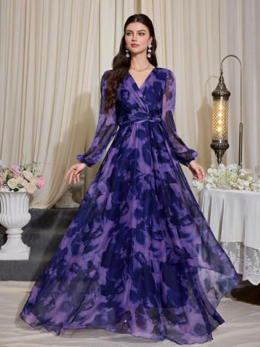 Image of TOLEEN Summer Casual Dresses for Women 2026 Spring Fashion Boho V Neck Long Sleeve Ruffle Floral Print Elegant Maxi Dress