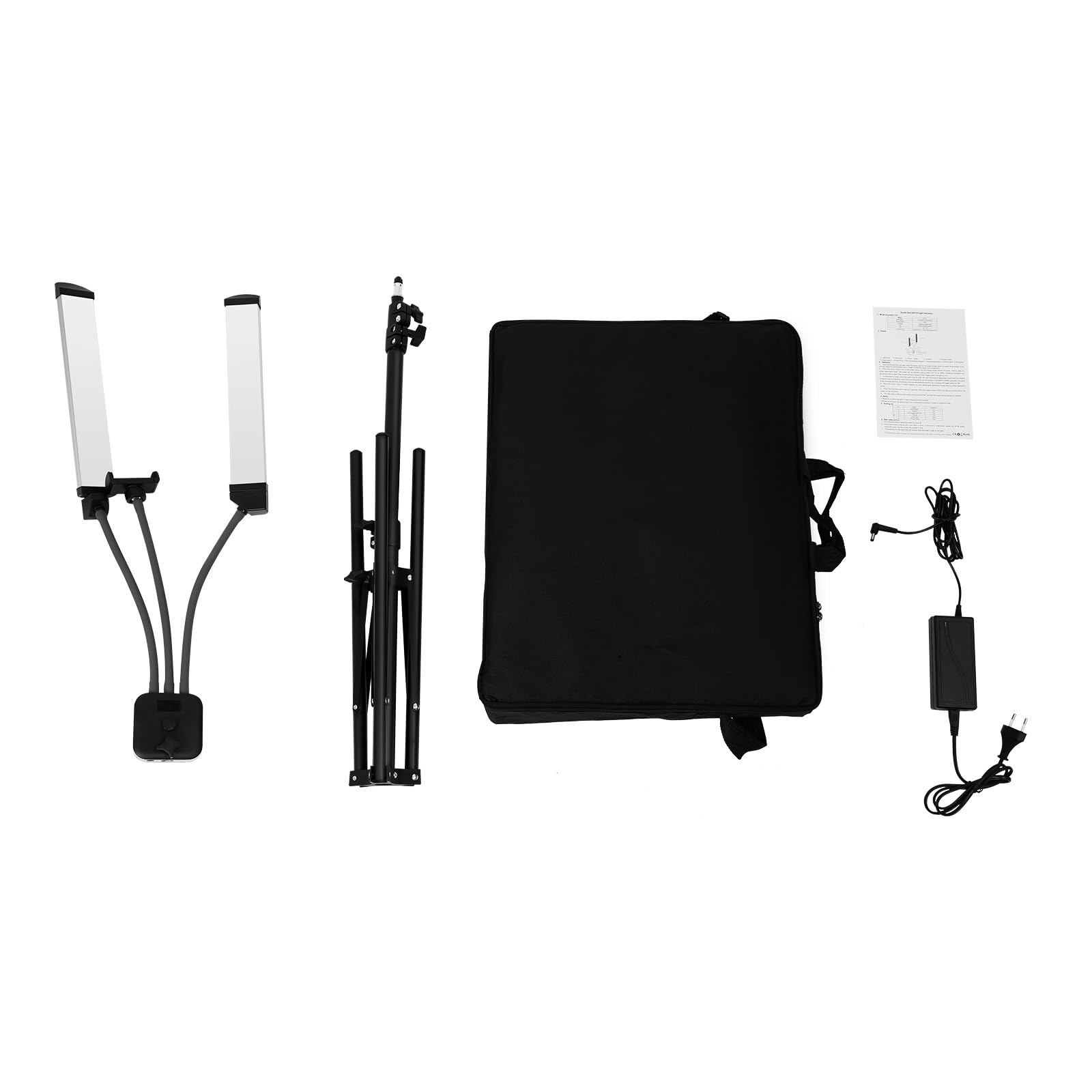 Treppiede per cellulare con luce LED, 3000 – 6500 K, dimmerabile, a doppio braccio con testa di luce girevole a 360°, set di illuminazione fotografica, per cellulare, live stream, video, trucco