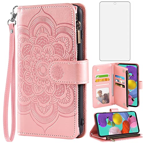 Protection Samsung Galaxy A51 4G antichoc coque portefeuille or rose et verre trempé