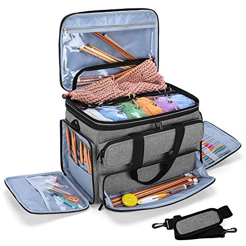 Yarwo Knitting Bag, Yarn Storage Organiser Tote with Double Top Cover for Knitting Needles(Up to 35.5cm), Crochet Hooks, Circular Needles, Yarn and Projects, Grey(Bag Only)