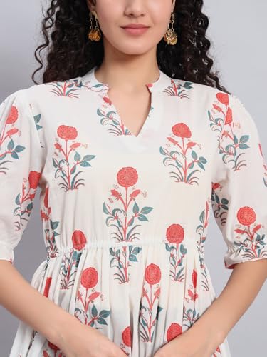Image of PIDAVLIYA'S Women's Floral Summer Maxi Dress I Cotton Printed I One Piece Bodycon Midi Dress with V-Neck, Puffed Sleeves