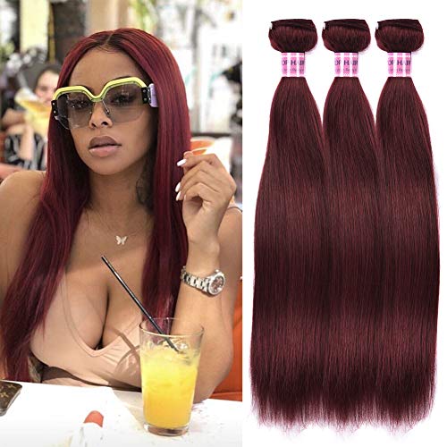 Top Hair Brazilian Virgin Straight Hair Weaves Weft 3pcs/lot Remy Human Hair Extensions Bundles Wine Red #99j Color 100g/Bundles 16 16 16 Inch (Purplish Red #99j)