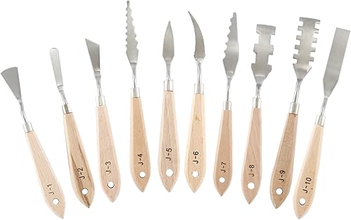 Juego de cuchillos de paleta de 10 piezas, juego de cuchillos de pintura de acero inoxidable, espátula de pintura con mango de madera, espátula de
