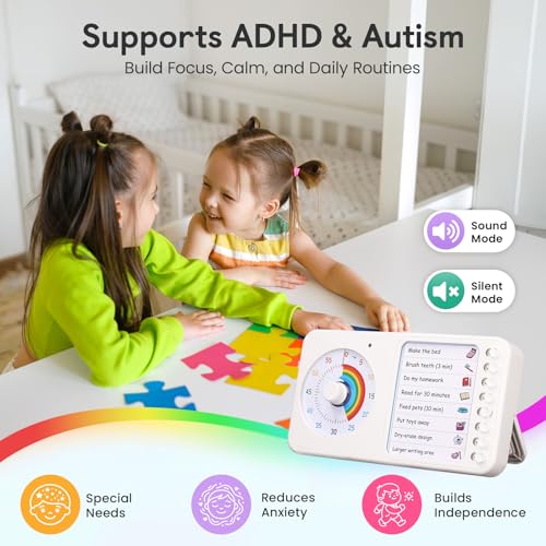 Image of 2-in-1 Visual Timer with Task Board for ADHD & Autism, Dry Erase Chore Chart and Visual Schedule for Kids & Adults, Rainbow Countdown Timer for Classroom, Home, Homeschool (White)