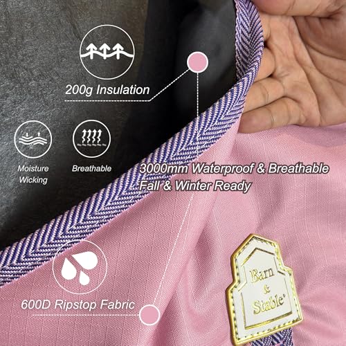 Image of BARN & STABLE 600Denier 3000mm /3000mvp Super Waterproof & Breathable Horse Blankets for Winter with 200g Fill (Pink /Blue, 78 Inch)