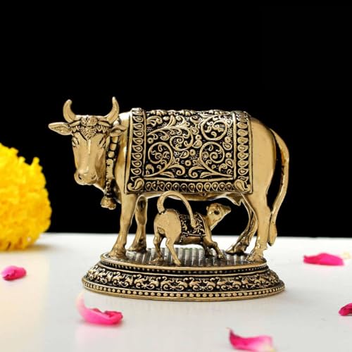 Image of INDICAST Handcrafted Brass Cow with Calf for Good Luck | 2 inch Kamdhenu Gau MATA Idol Spiritual Vastu Nandi Pooja Figurine Sculpture for Home and Office (Weight- 110gm)