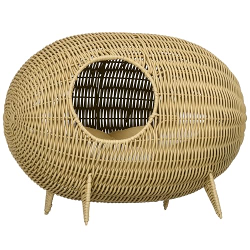PawHut Katzenhöhle Katzenbett Katzenkorb Katzenhaus aus Polyrattanimitat Katzenhöhle hoher Komfort, Maße: 55 x 36 x 42 cm, weiches Kissen, Beige...