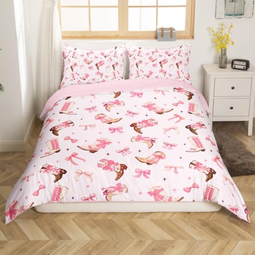 jejeloiu Pink Bow Comforter Cover Toddler Western Farmhouse Cowgirl Bedding Set for Girls Kids Cowboy Boots Bowknot Duvet Cover Stars Printed Room Decor?No Comforter