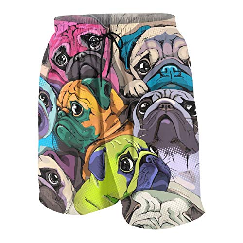 Colorful Pug Dogs Teens Swim Trunks 20" Stretch Quick Dry Swimwear Surf Board Beach Shorts Summer2