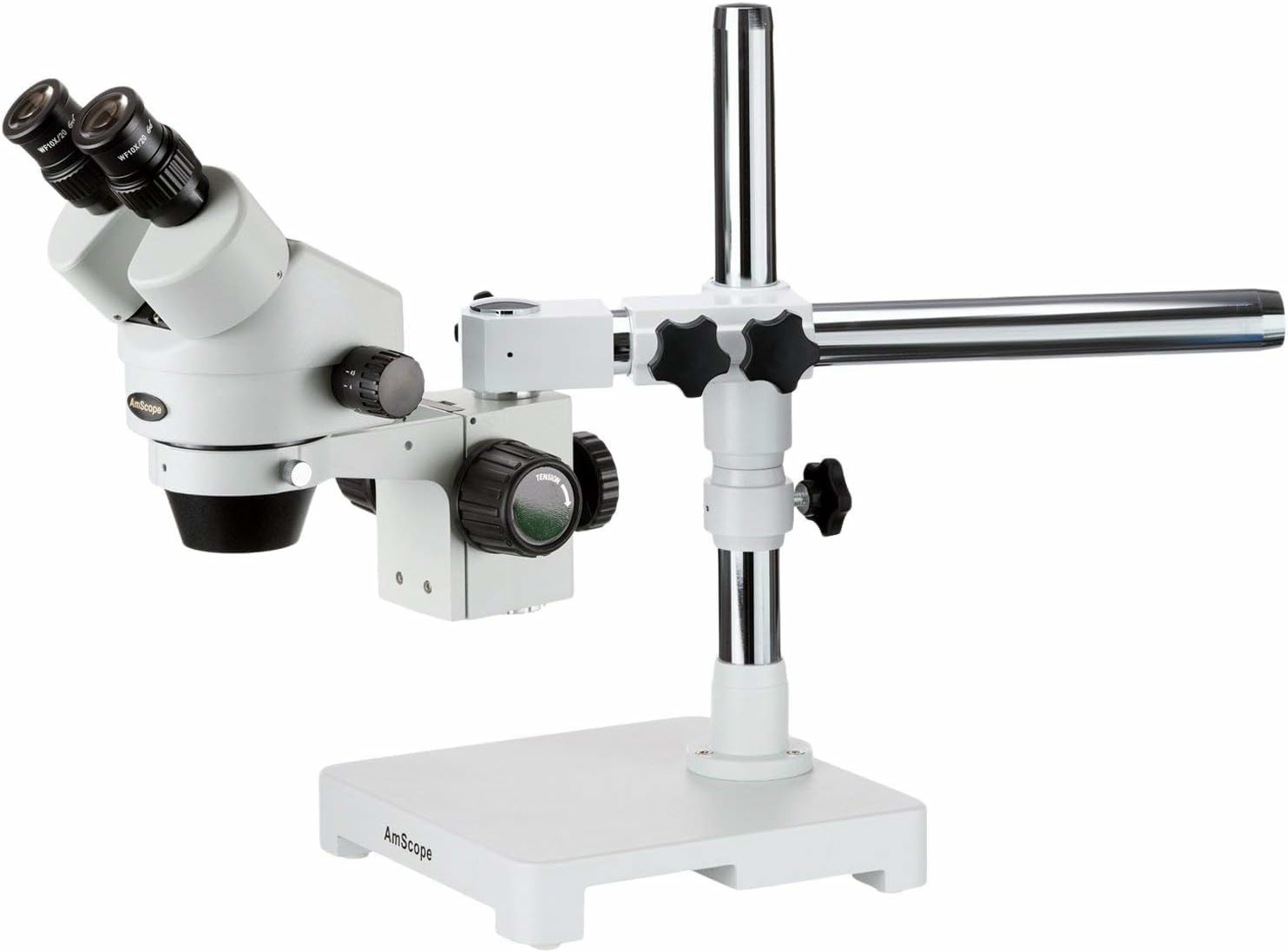 AmScope SM-3B Professional Binocular Stereo Zoom Microscope, WH10x Eyepieces, 7X-45X Magnification, 0.7X-4.5X Zoom Objective, Ambient Lighting, Single-Arm Boom Stand