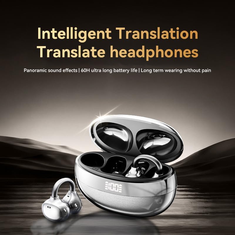 AI Translator Earbuds with 144 Languages Real-Time Translation | Bluetooth Open Ear Headphones 6.0 Open-Ear Clip Design | AI Translator Headphones for Travel & Business
