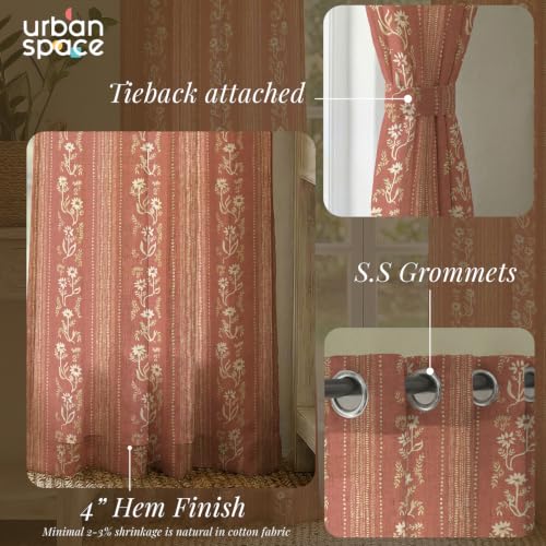 Image of Urban Space 100% Cotton Floral Curtains 7 feet Long Set of 2, 60-65% Room Darkening, Decorative Curtains with Eyelets /Rings for Hanging, Tieback Included (Garden Trail Muddy Pink, Door - 7 Feet)