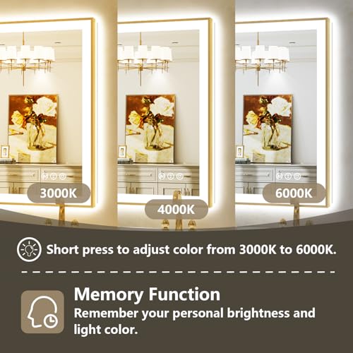 Image of 44x30 LED Bathroom Mirror with Lights, Gold Framed Lighted Mirror | Backlit and Front light, Anti-Fog, 3 Color Dimmable, Memory, Tempered Glass, IP54 Waterproof, UL Listed