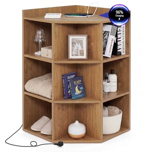COSTWAY Étagère d'Angle 3 Niveaux avec Station de Charge, Port USB & Type-C, 2 Prises, Bibliothèque Ouverte à 4 Niveaux avec 9 Compartiments, Étagère de Rangement...