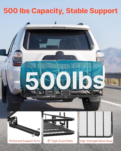 Image of VEVOR Hitch Mount Cargo Carrier, 60 inch x 36 inch x 6 inch Folding Rear Luggage Rack Basket with Waterproof Cargo Bag, 500LBS Capacity High-Strength Steel Hitch Cargo Carrier Fits 2 inch Receiver for SUV Pickups