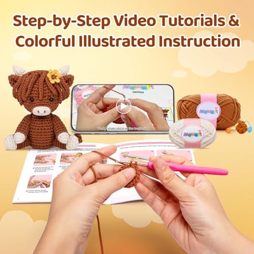 Image of Mewaii Crochet Kit for Beginners with 40% Extra Eco-Friendly Pre-Started Easy Yarn, Step-by-Step Video Tutorials for Adults and Kids (Highland Cattle)