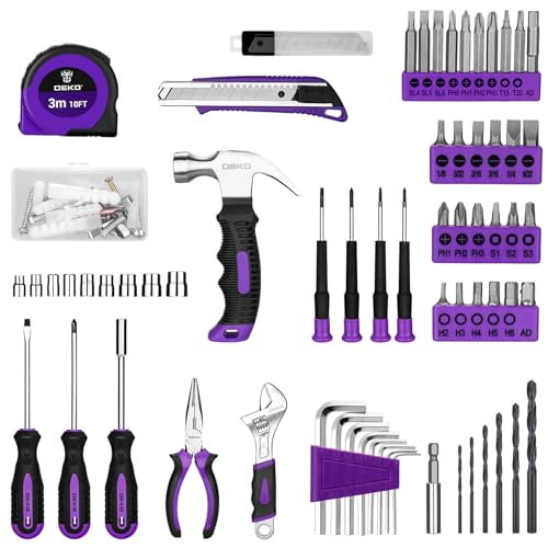 Image of Tool Set: Tool Kit with 8V Cordless Drill, Hand Toolbox with storage case, Tool set for Home Repairs 126 Piece, Purple